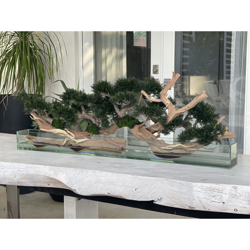 Faux Bonsai Tree in Planter, Light Green, 10" H x 52" W x 8" D