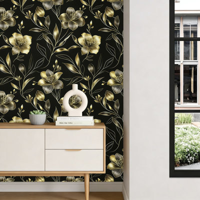 Black Gold Floral Peel And Stick Wallpaper - Vintage Botanical Contact Paper With Realistic Dark Flowers, Self-Adhesive Waterproof Vinyl For Walls, Furniture, Cabinets And Drawers