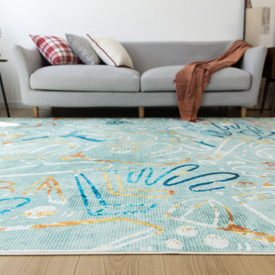 Sportsglyphs II by Katie Merz Ballpark Mint Baseball Machine Washable Area Rug