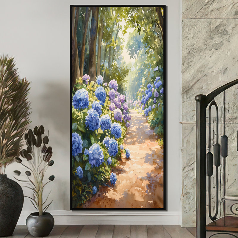 Hydrangeas in the Garden Path II - Hydrangea Wall Art for Living Room, H 60 po x l 28 po, Impression encadrée flottante, Noir