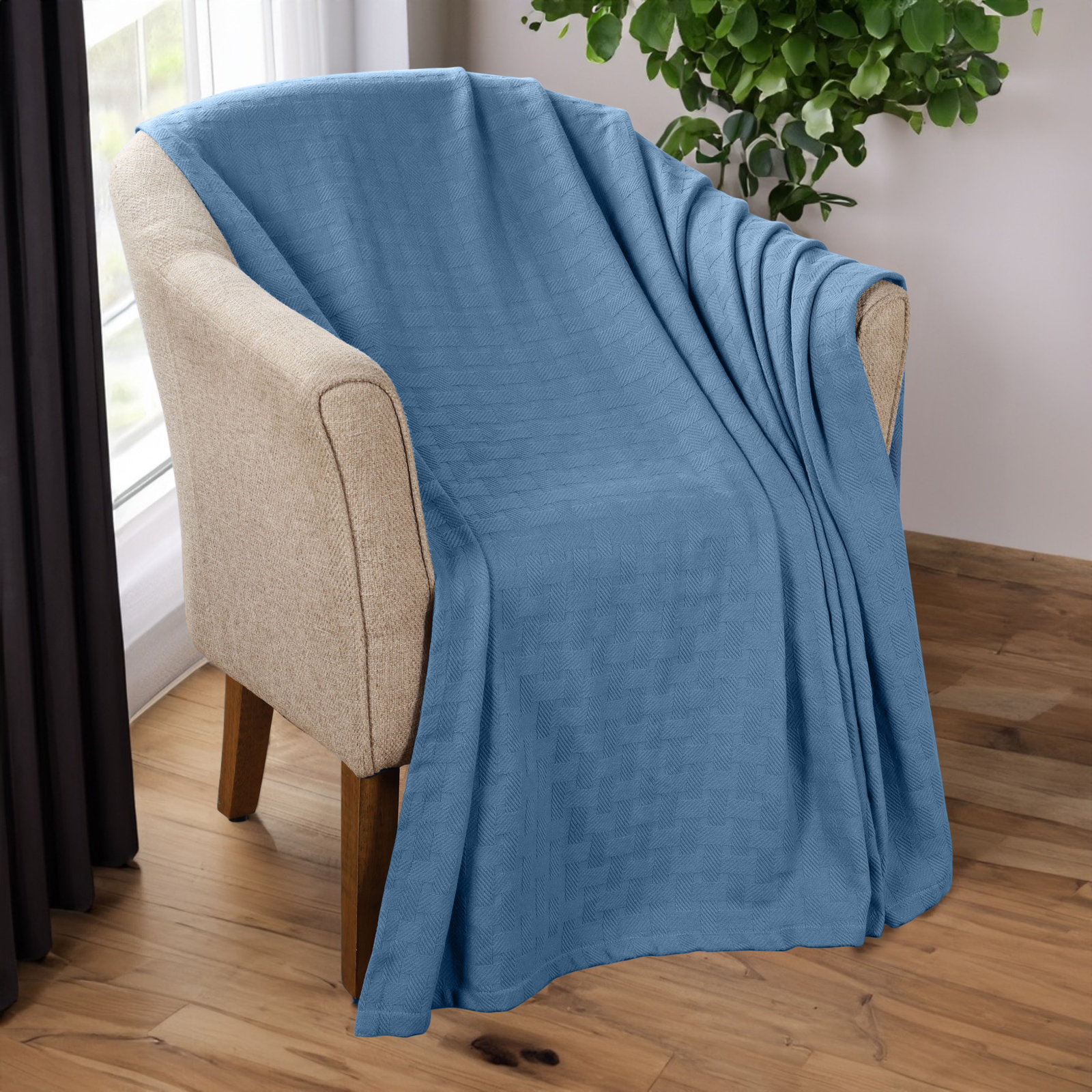 Bertie Cotton Machine Woven Throw Blanket, California King, Blue