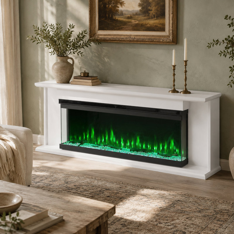 Meuble télé 71 po blanc Horvath avec foyer électrique linéaire 50 po, console média moderne Glam