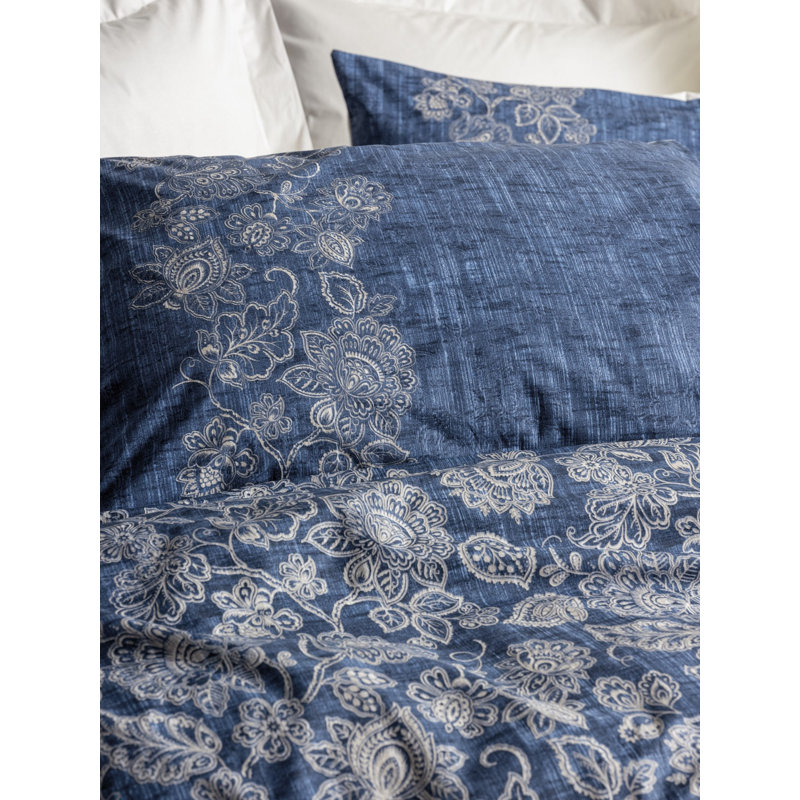 100% Cotton Ranforce Quilt Cover Set, Beige & Dark Blue | Includes Duvet Cover (78.7 x 86.6 in), Flat Sheet (94.5 x 102.4 in), 2 Pillowcases (19.7 x 27.6 in) | Machine Washable, Elegant Pigment Printing, Cozy & Stylish Bedding