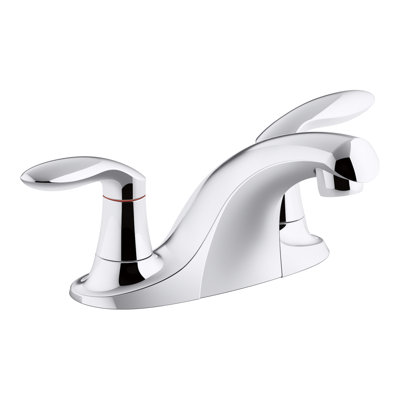 Coralais Two-Handle Centerset Bathroom Sink Faucet with 0.5 gpm Vandal-Resistant Aerator and Red/Blue Indicator, Less Drain