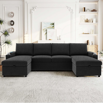 Canapé-lit modulaire convertible en U avec rangement et méridienne, porte-gobelets, ports USB, boîtes de rangement multiples et poches latérales pour le salon