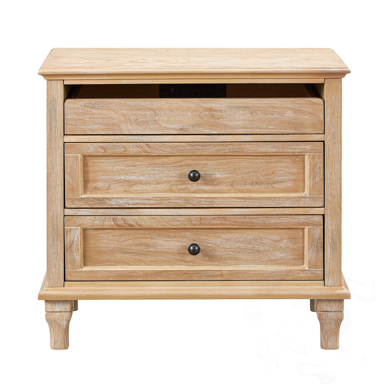Table de chevet en bois avec station de charge et 3 tiroirs, Naturel