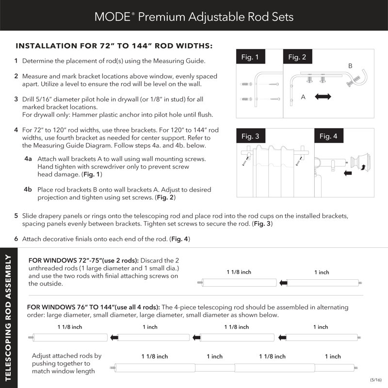 Mode Premium Collection 1 1/8 in Diameter Curtain Rod, Cylinder Finials and Steel Wall Mounted Adjustable Rod