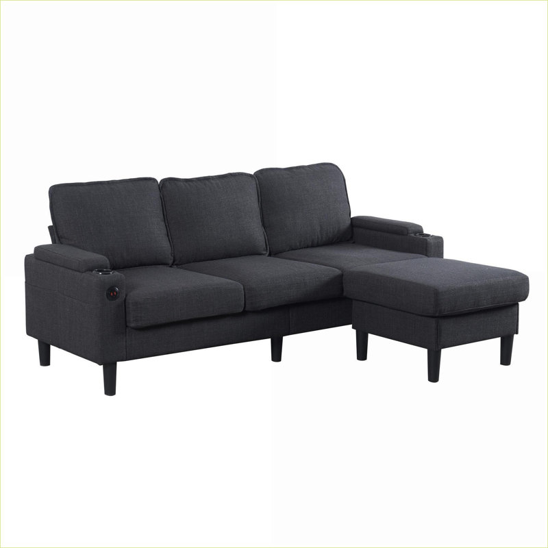 Canapé modulaire | Espaces compacts modernes en L à 3 places avec repose-pieds pour le salon | Gris anthracite | Bois et tissu