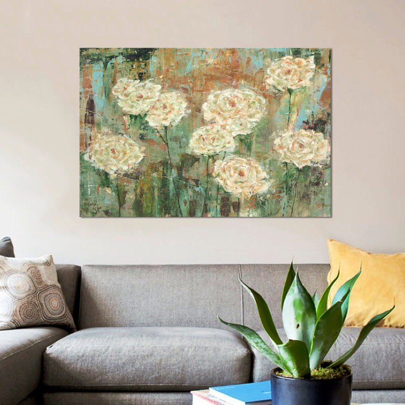 «White Roses», reproduction sur toile, H 26 po x l 40 po x P 1,5 po, Pas de tapis, Toile tendue