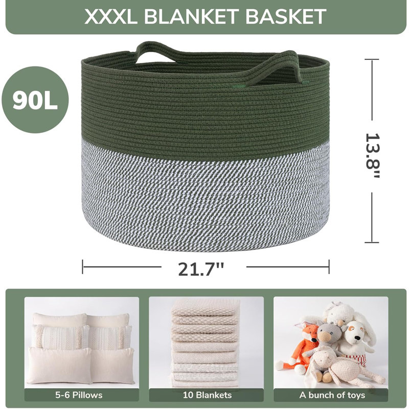 Xxxlarge Green & White Woven Cotton Rope Blanket Basket