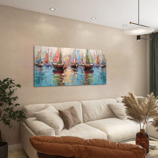 Colorful Boats On Water Oil Painting Style Wall Art Decor Artwork For Bedroom (20X40 Inches)