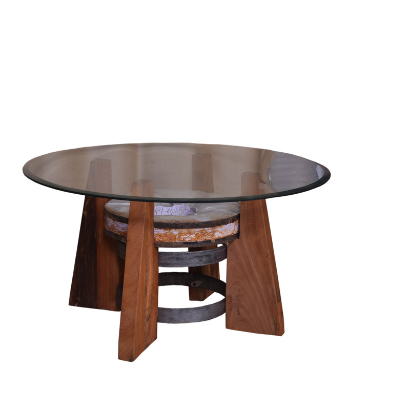 Lorin Caramel Brown Wood & Reclaimed Millstone Round Coffee Table with Glass Top 