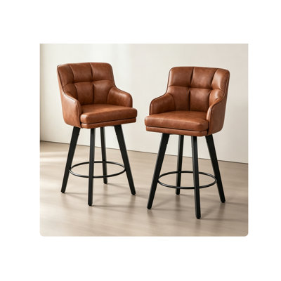 Tabouret de bar pivotant en cuir de polyuréthane avec dossier et accoudoirs, chaise de bar à hauteur de comptoir en bois massif avec repose-pieds, tabouret de bar touffeté moderne pour îlot de cuisine et bar pour la maison