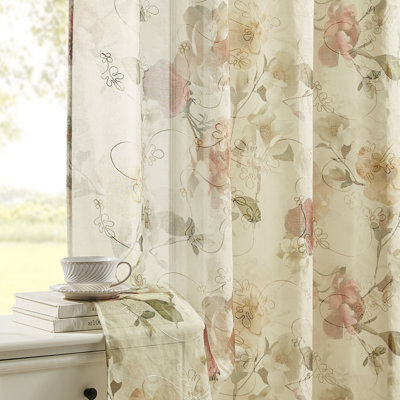 Floral Printed&Embroidered Sheer Curtain Rod Pocket Voile curtain for Bedroom Livingroom