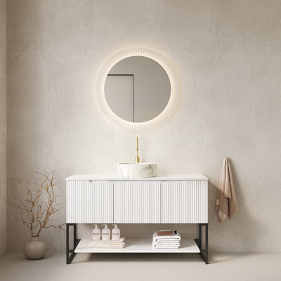 Meuble-lavabo moderne avec rangement, lavabo en céramique durable et plateau blanc de Carrare, conception autoportante