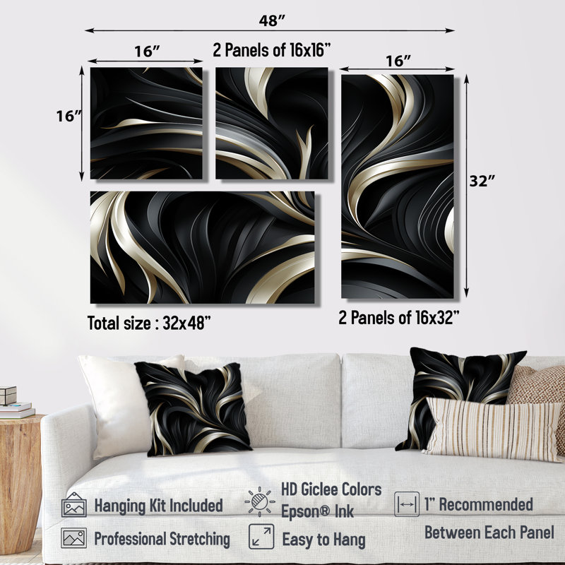Hockett - Art mural sur toile grand glam 4 pièces, Impression encadrée sans passe-partout, Noir