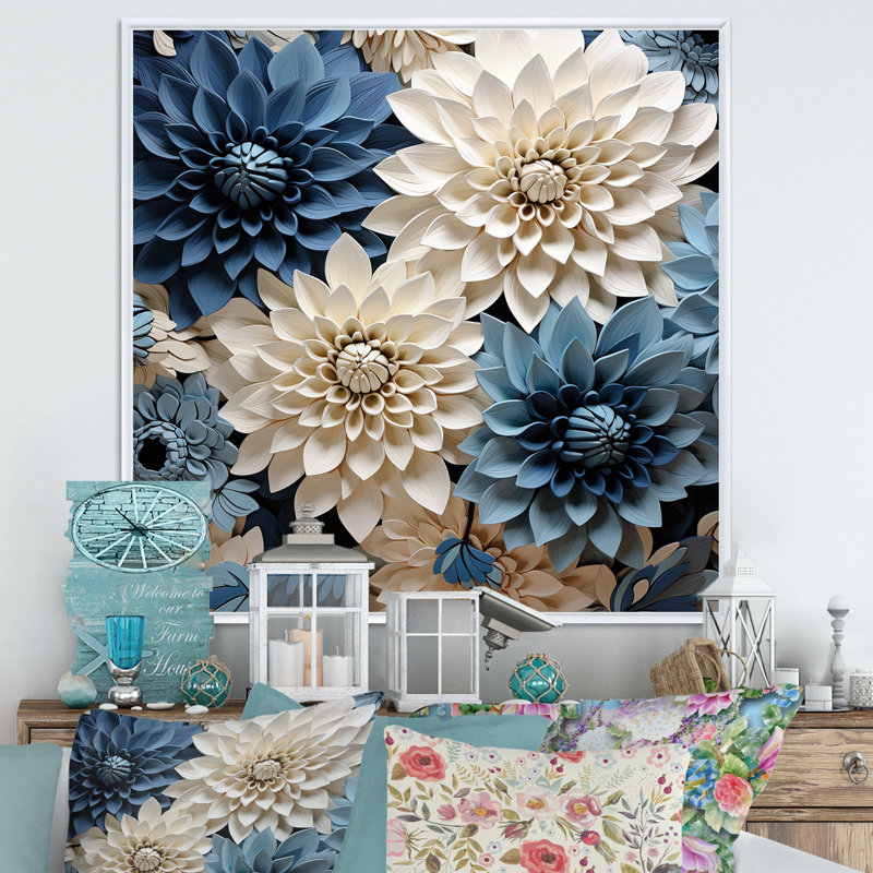 Symphonie blanche et bleue sur toile, Cadre flottant blanc, H 30 po x l 30 po x P 1 po