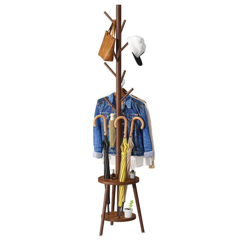 Bamboo Wood Coat Freestanding with Umbrella Holder, Brown