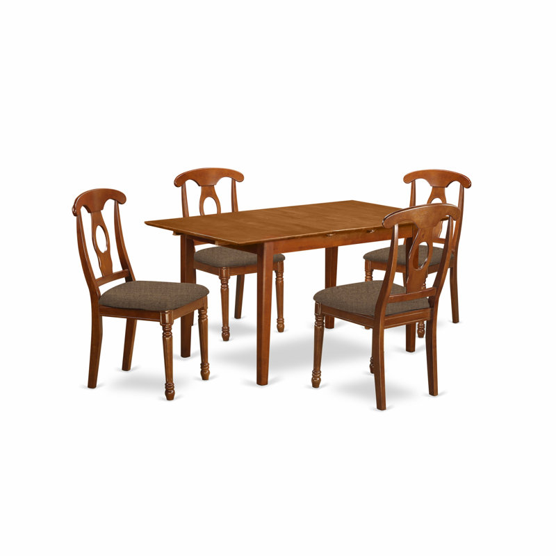 Ensemble de 5 pièces pour coin-repas pour 4 personnes comprenant une table de salle à manger rectangulaire avec rallonge papillon et 4 chaises de salle à manger en lin, brun selle