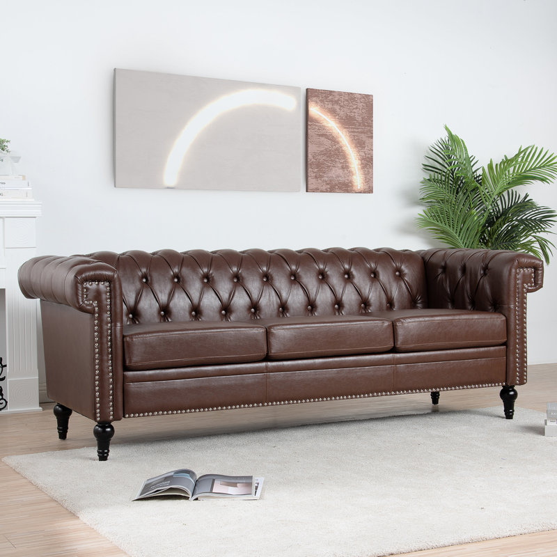 Fauteuil carré 85,12 po pour 3 places, cuir d'unité centrale brun foncé, coussins amovibles, largeur chic et pratique de 85,12 po, style exquis