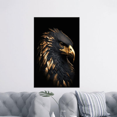 Art mural sur toile Golden Eagle: Portrait d'oiseau noir et doré, toile tendue 1P