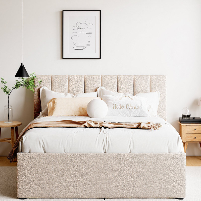 Lit plateforme tapissier classique avec gigogne et éclairage DEL Smart Teddy, Lit double, Beige
