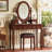  Vintage Vanity Desk with Adjustable Mirror, Makeup Table and Cushioned Stool Set, Wooden Dressing Table with 5 Drawers and Velvet Lining, Walnut-178898761
