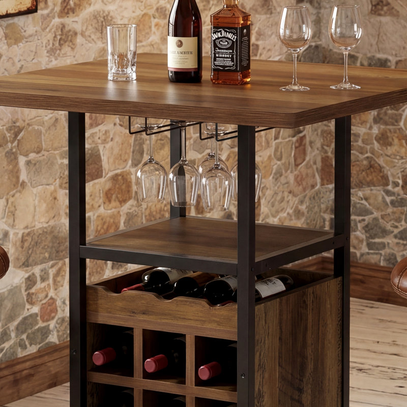 37.4" Square Bar Table, Wooden Bistro Pub Table With 9-bottle Wine Storage