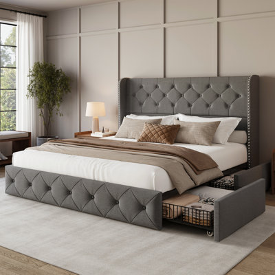 Queen Upholstered Platform Bed with Storage Drawers, Tufted Bed Frame with Wingback&Headboard, Light Grey