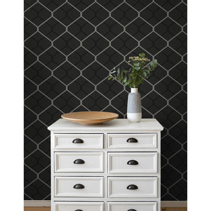 Papier peint double hexagone Seabrook Designs Milton, Onyx / argent métallique