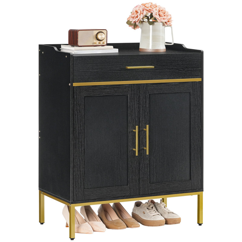 5-Tier Shoe Storage Cabinet with Drawers, Black/Gold
