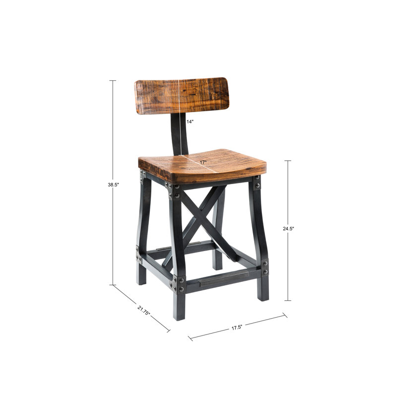 Tabouret de comptoir avec dossier, assise et structure solides, l 17,5 po x P 22,34 po x P 38,5 po, assemblage requis, base, dossier détachable de couleur ambre - bois franc, style industriel, capacité de 300 lb, h 38,5 po