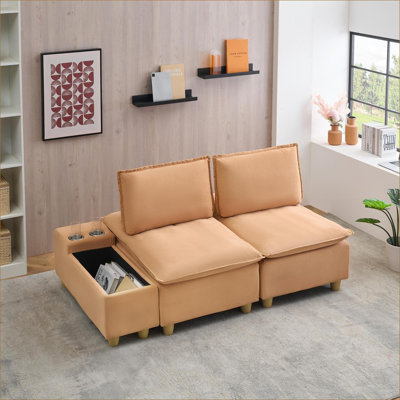 Canapés-lits, 74 pouces, 2 places, minimaliste moderne, dossier réglable, rangement et porte-gobelets, pour le balcon de la chambre à coucher du salon | Brun clair | Mélange de polyester