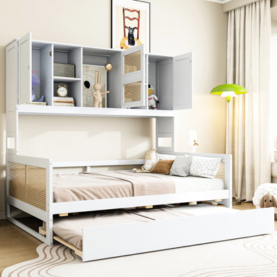 Wood Daybed With Twin Trundle And Cabinet, White Functional Stylish Modern Wooden Size & Shelf
