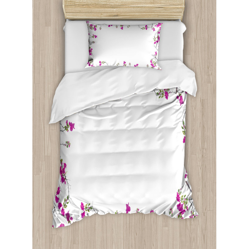 Twin White and Magenta Floral Microfiber Duvet Cover Set