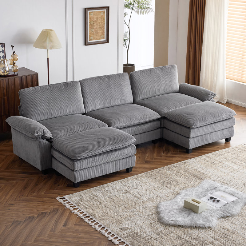 Shugar 120'' W Double Layer U-shaped Cushion Cloud Comfy Couch, Gray Corduroy