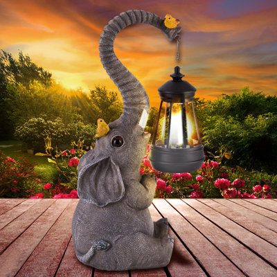 Solar Outdoor Garden Statues Lights, Lucky Elephant Unique Housewarming Gifts And Yard Decoration, Elephant Figurines With Cute Birds Garden Sculpture