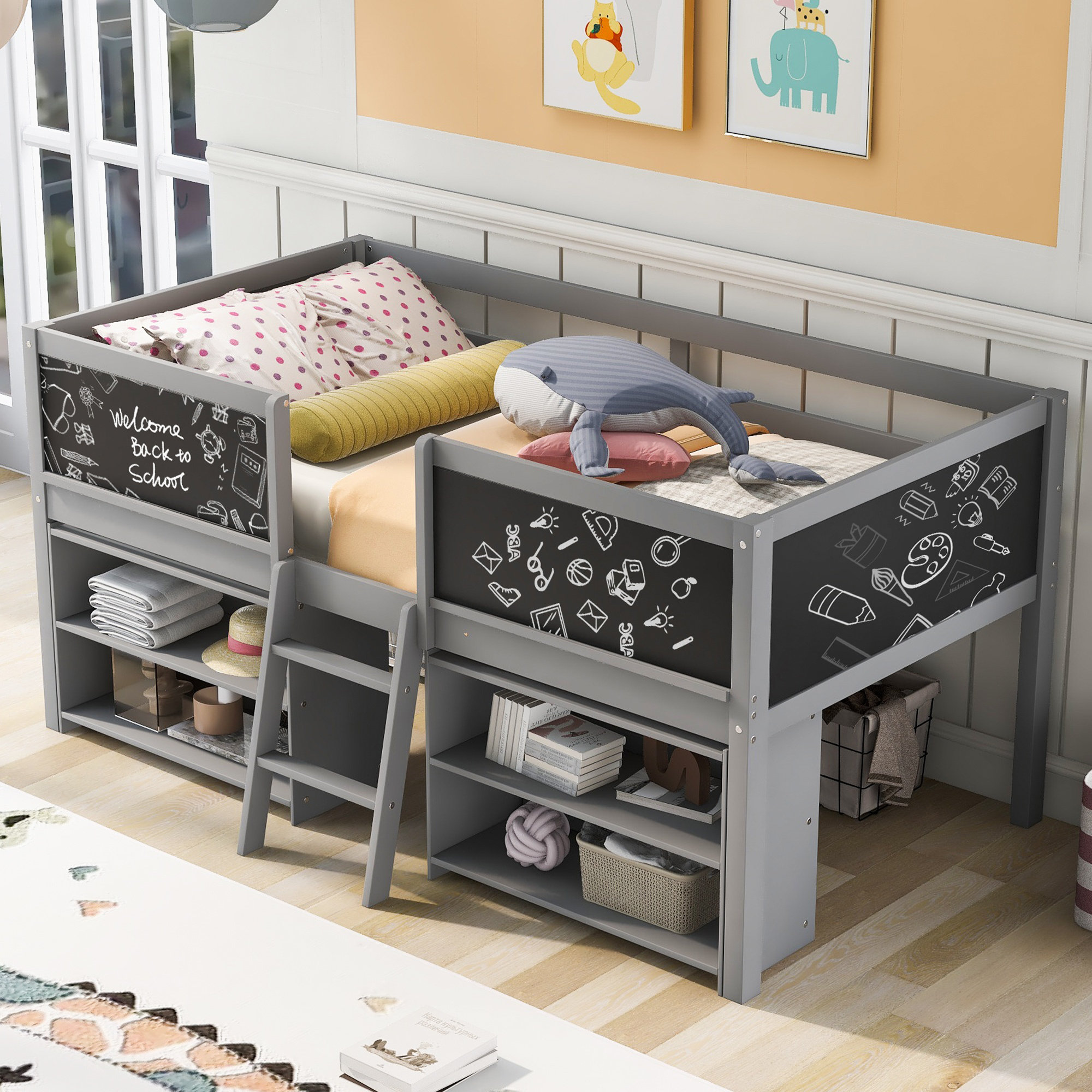 Harriet Bee Twin Size Low Loft Bed with Ladder, Two Movable Shelves ...