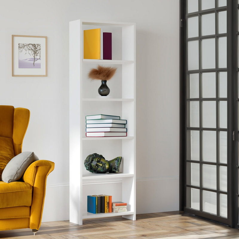 Modern White Bookshelf, 63.0 x 19.7 x 7.7 inches | 100% Melamine Coated Particle Board, Thickness: 0.7 inches | Numerous Shelves, Wall-Mountable, Stylish Storage Solution for Home & Office | Elegant Design