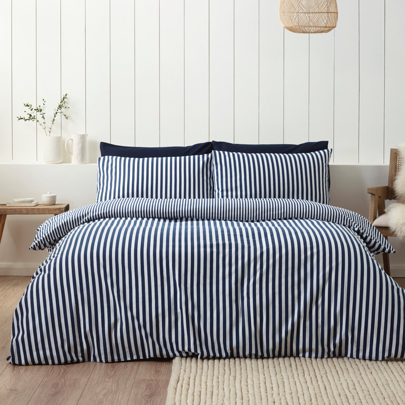 Brushed Stripe Cotton Reversible Duvet Cover Set, Navy Blue, Double 