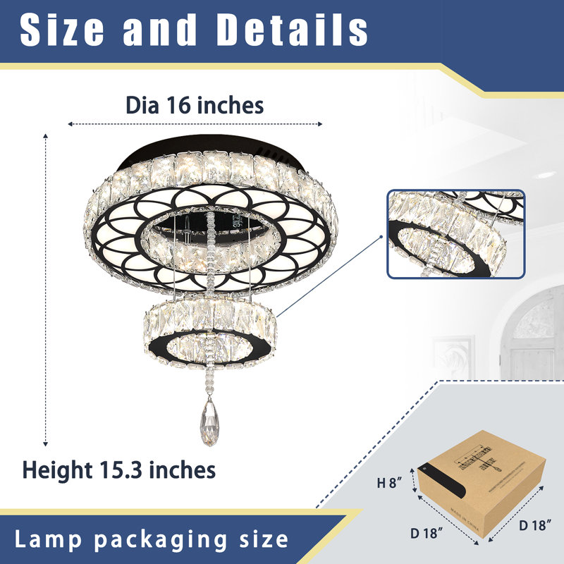 16in Modern Led Adjustable Crystal Ceiling Chandelier 2 Tier