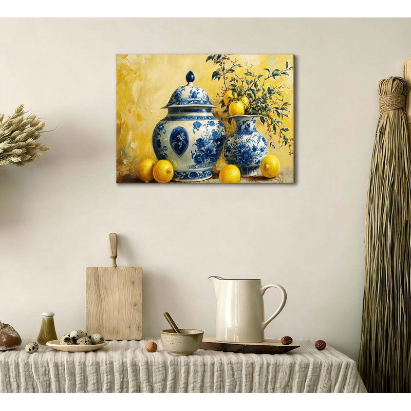 Bleu poterie photos jaune citron toile cadre en bois massif support art mural fruits rustique ferme pour salle à manger restaurant décor 16 po x 24 po