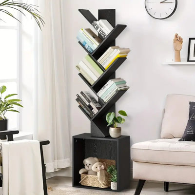 6 Tier Tree Bookshelf With Deep Pocket Storage Modern Floor Standing Bookshelf Organizer For Cds Movies Books Ideal For Bedroom Living Room Home Office