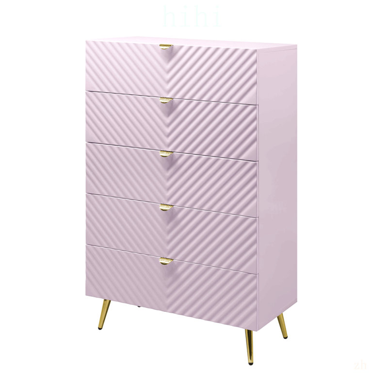 Commode à finition brillante rose Gaines avec 5 tiroirs spacieux et motif à vagues élégant pour les chambres à coucher modernes