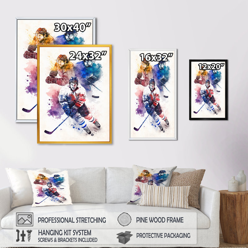 Trois joueurs de hockey pendant la partie I - Impression sur toile, H 20 po x l 12 po x P 1 po