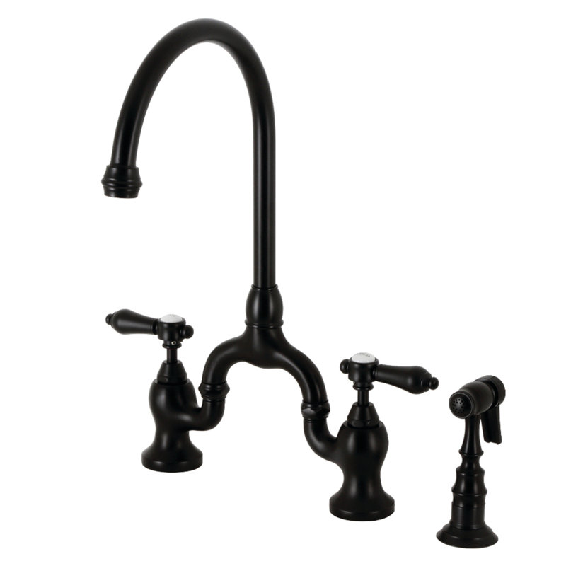 Kingston Brass Heirloom Two-Handle 3-Hole Deck Mount Bridge Kitchen Faucet with Brass Side Sprayer, Matte Black