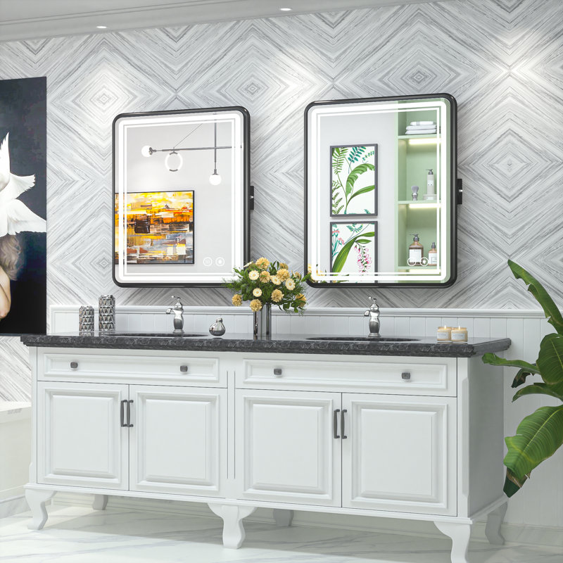 Demetrion Rectangle Lighted Pivot Bathroom Vanity Mirror with Anti-fog and 3 Adjustable Color, 26" x 22", Matte Black