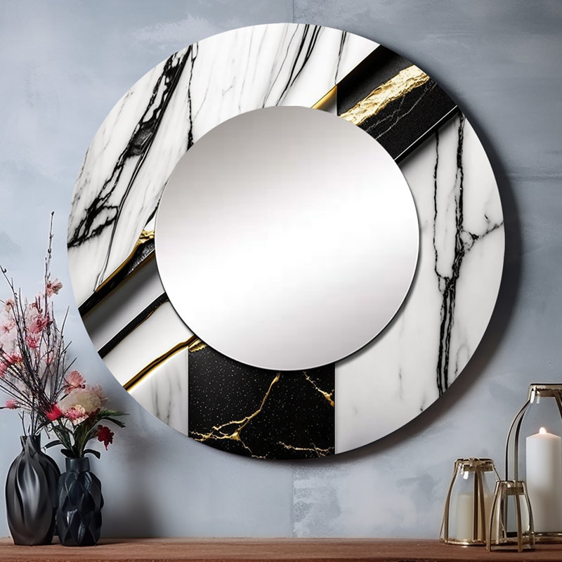 Omarien abstrait géométrique géométrique marbre gris I - marbre unique miroir mural, miroir rond moderne, art imprimé en métal