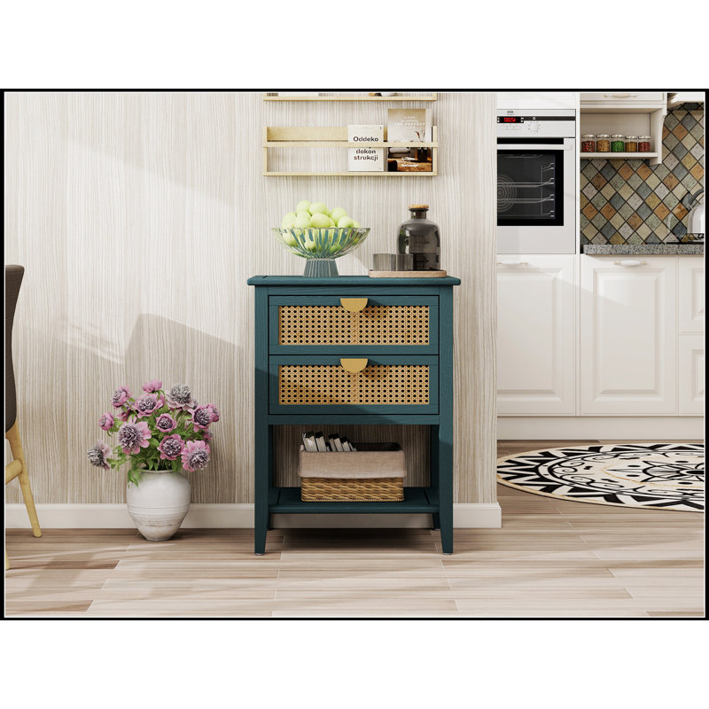 Table d'appoint à 2 tiroirs en rotin naturel avec poignées semi-circulaires, idéale pour la chambre à coucher, le salon et le bureau.