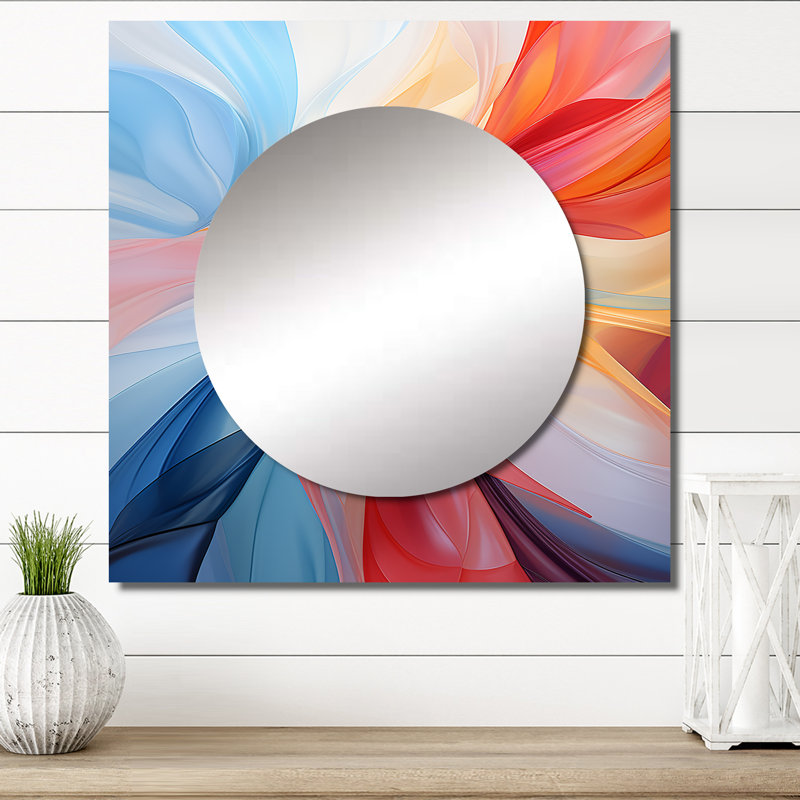 Bruna - grand miroir carré abstrait bleu rouge à spirale fractale II, 36 po x 36 po